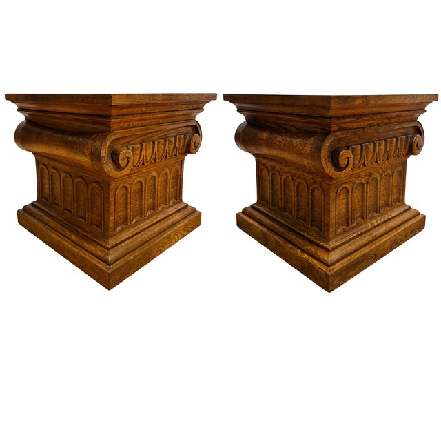 A striking pair of vintage pedestal end tables from the Guildhall collection by Drexel. Made in USA during the 1960s from...