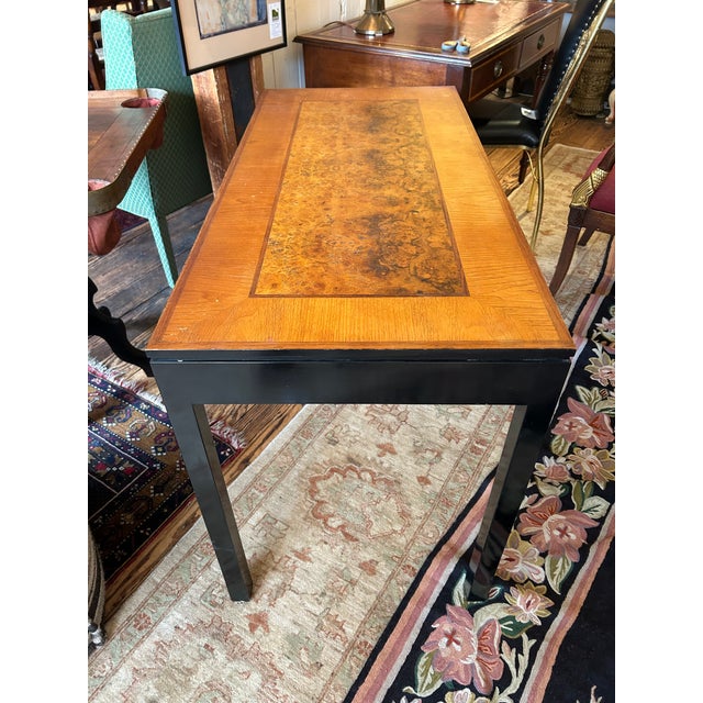 1950s Handsome Vintage Burl and Inlaid Desk With Ebonized Base For Sale - Image 5 of 11