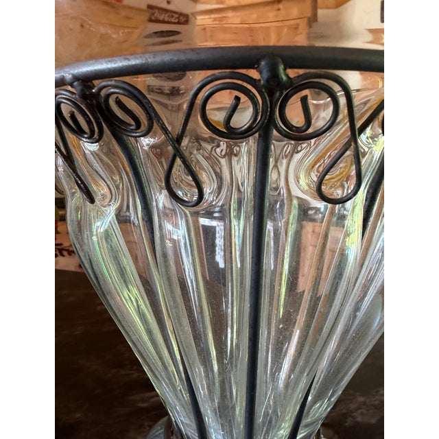 Art Deco Vintage Crate & Barrel “Petra” Blown Glass Large Bubble Vase in Wrought Metal Frame For Sale - Image 3 of 7
