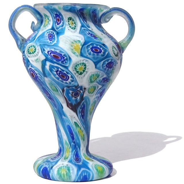 Beautiful antique Murano hand blown blue, green and white Millefiori Murrina flower mosaic Italian art glass decorative...