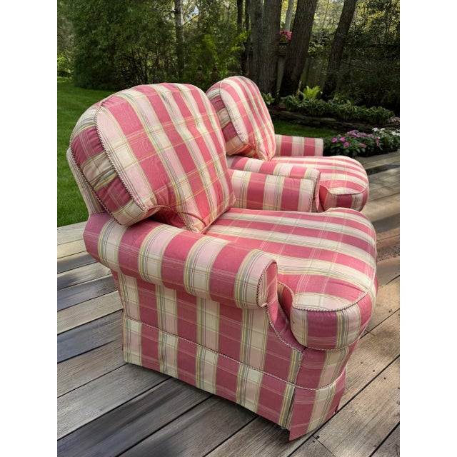 A Pair of Custom Pink Plaid Pleated Skirt Lounge Chairs With Rolled Arms For Sale - Image 15 of 18