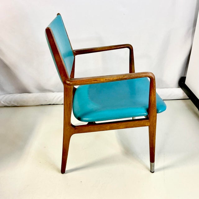 Mid-Century Modern Mid-Century Modern Boho Chic Contemporary Turquiose Vinyl and Teak Wood Arm Side Chair For Sale - Image 3 of 8