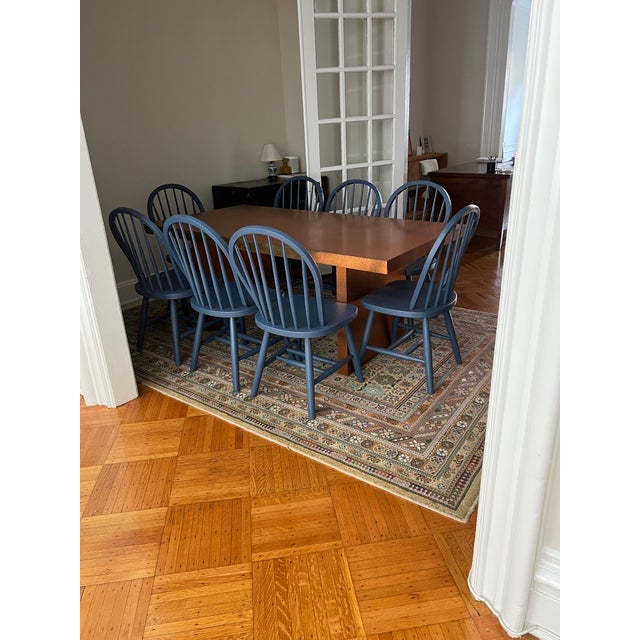 1990s Vintage Set of 8 Spindle Back Dining Chairs in Farrow & Ball Hague Blue For Sale - Image 5 of 13