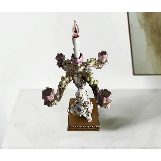 MId-Century Dresden Porcelain Floral Fruit Candelabra Table Lamp For Sale - Image 9 of 15