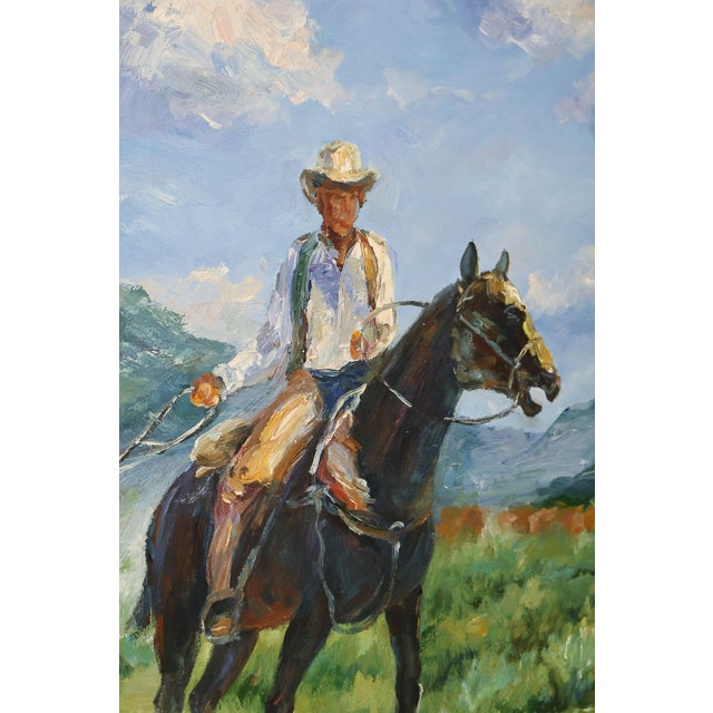 Late 20th Century Western Cowboy on Horse Oil Painting on Canvas 55" x 43" Signed 'S. T. Cesent' in Gold Gilt Frame For Sale - Image 18 of 18