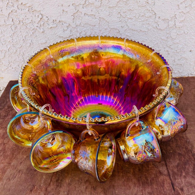 Mid-Century Modern Mid Century Carnival Glass Punch Bowl Set- 25 Pieces For Sale - Image 3 of 12