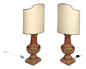 Postmodern Italian Table Lamps in Red and Golden Wood with Fabric Lampshades, 1980s, Set of 2