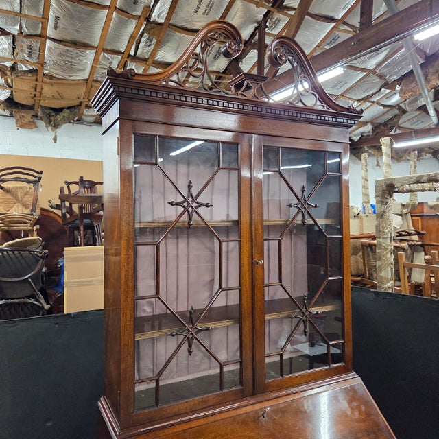 Late 20th Century Mahogany Astragal Glazed Bureau Bookcase With Fully Fitted and Inlaid Interior Fall For Sale - Image 17 of 17