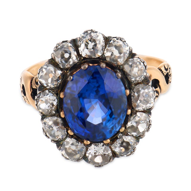 Victorian 19th Century Victorian Gia 6.04 Carat Ceylon Sapphire Diamond 9k Gold Silver Cluster Ring, Size 11 For Sale - Image 3 of 6