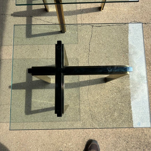 Mid 20th Century Pair of Glass and Brass and Smoked Chrome Solid Steel Side Tables For Sale - Image 5 of 12