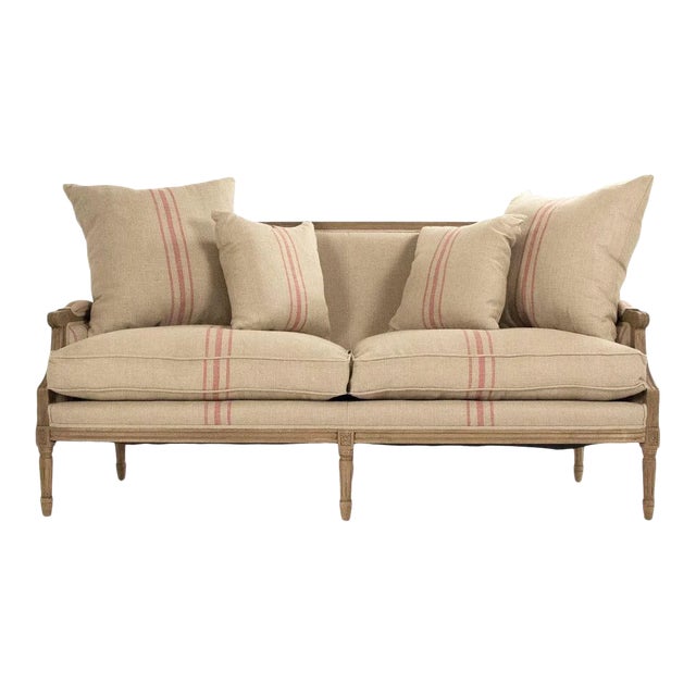 Audley Sofa in Khaki Linen with Red Stripes For Sale