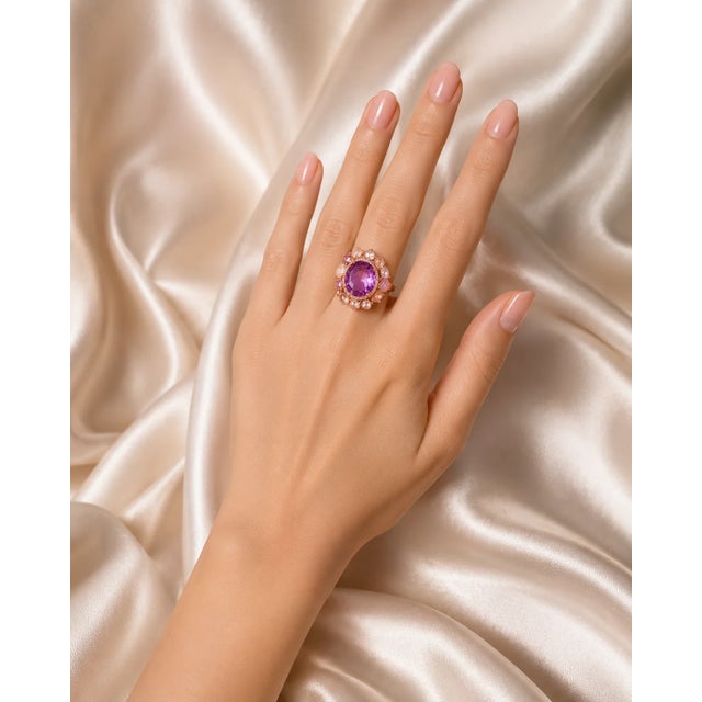 Modern Late 20th Century 14K Pink Gold Amethyst Quartz and Diamond Ring, Size 6.5 For Sale - Image 3 of 3
