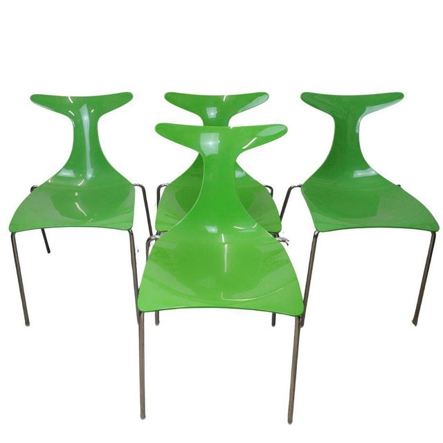 Italian Green Stacking Delfy Chairs by Gino Carollo for Ciacci Kreaty, 1980s, Set of 4 For Sale - Image 12 of 13