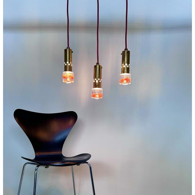 3-Light Brass and Mouth-Blown Glass Art Hanging Lamp, Sweden 1960s For Sale - Image 18 of 18