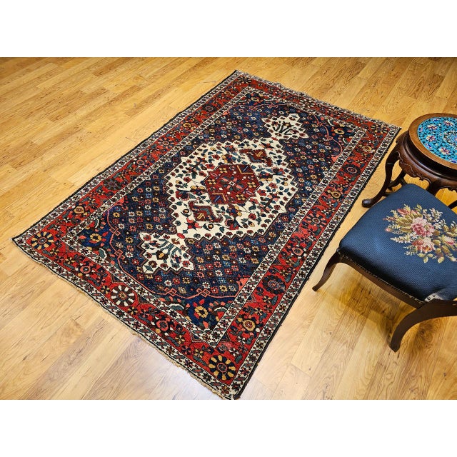 Vintage Persian Bakhtiari Bibibaft Rug, Hand-Knotted Wool, Geometric Medallion Design, Vegetable Dyes, Navy & Red, 5x7 For Sale - Image 4 of 18