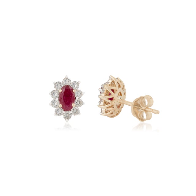 Metal Vintage Ruby & Diamond Halo Cluster Stud Earrings in 14k Yellow Gold- 2 Pieces For Sale - Image 7 of 14