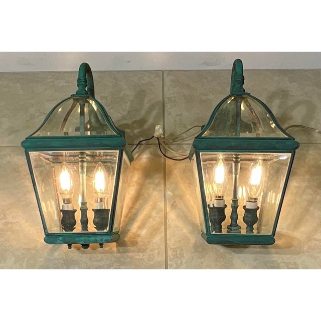 American Pair of Vintage Solid Brass Lanterns- 14” H X 7”w X 10”d For Sale - Image 3 of 14