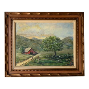 1960's J. Cryer Valley - Farm Landscape Oil Painting, Framed