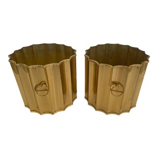Round Scalloped Brass Planters Flower Pots -A Pair For Sale