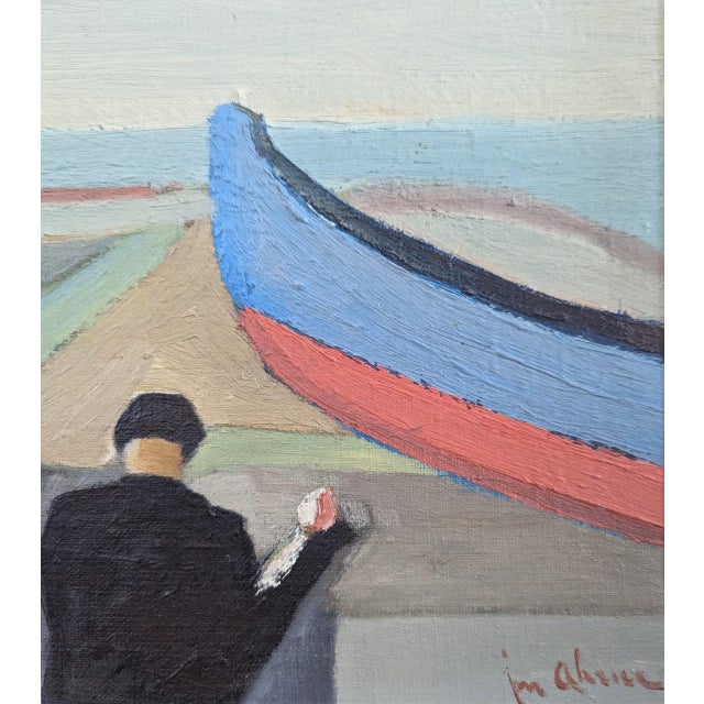 Green Mid-Century Modern 'Drift and Thought' Vintage Swedish Original Seaside Figure Scene Oil Painting, Framed For Sale - Image 8 of 10