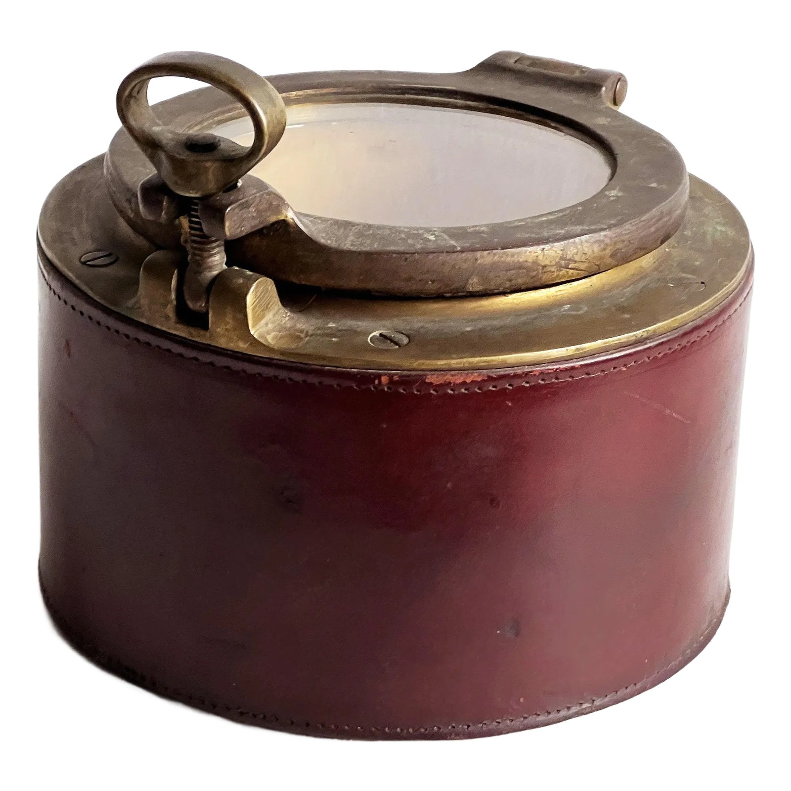 c.1940's Antique English Leather and Brass Tobacco Jar Humidor With Porthole Lid