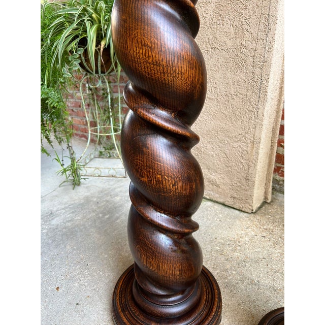 Pair Set of 2 Antique French Pedestal Stand Barley Twist Oak Large Plant Columns For Sale - Image 15 of 18
