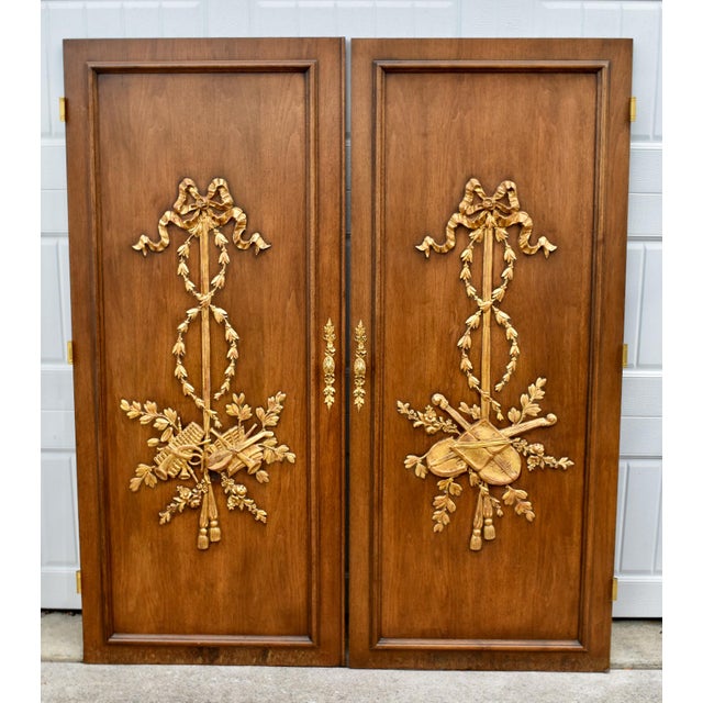Hollywood Regency Vintage Hollywood Regency Carved Gilded Wood Doors Pair Louis XVI Neoclassical For Sale - Image 3 of 15