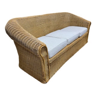 Vintage Boho Coastal Wicker Sofa Thibaut Performance Fabric For Sale