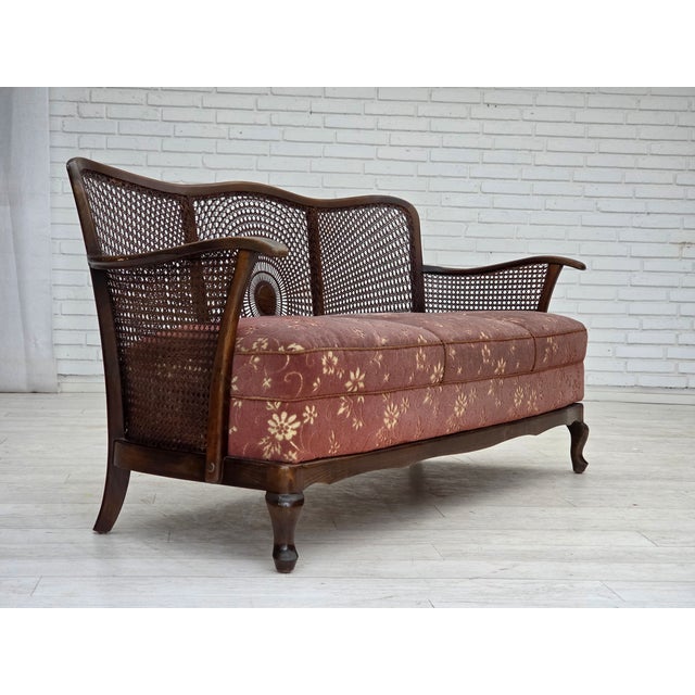 Vintage Danish Three-Seater Sofa in Salmon Pink Velour and Dark Beech Wood, 1950s For Sale - Image 9 of 18