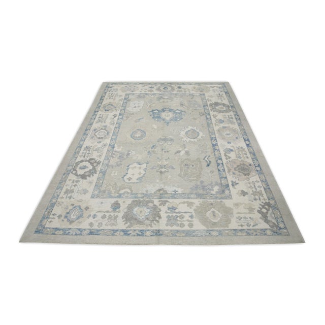Early 21st Century Green & Blue Floral Design Handwoven Wool Turkish Oushak Rug 9' X 12'3" For Sale In Houston - Image 6 of 8