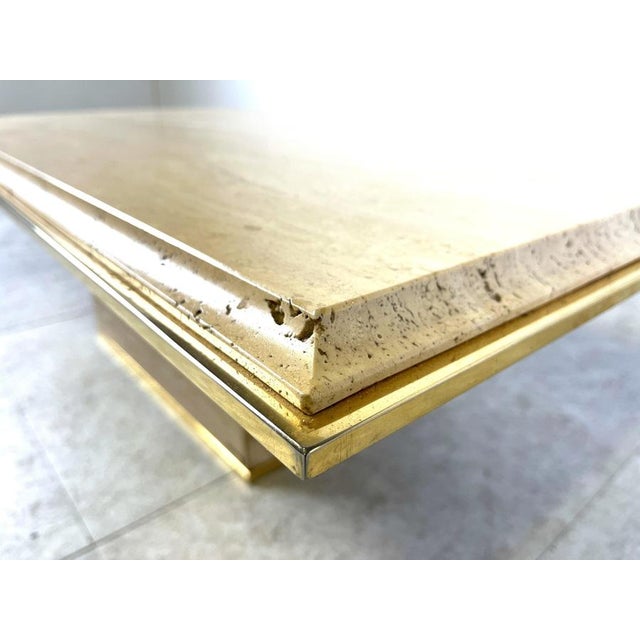 Brown Brass and Travertine Coffee Table attributed to Fedam, 1970s For Sale - Image 8 of 12