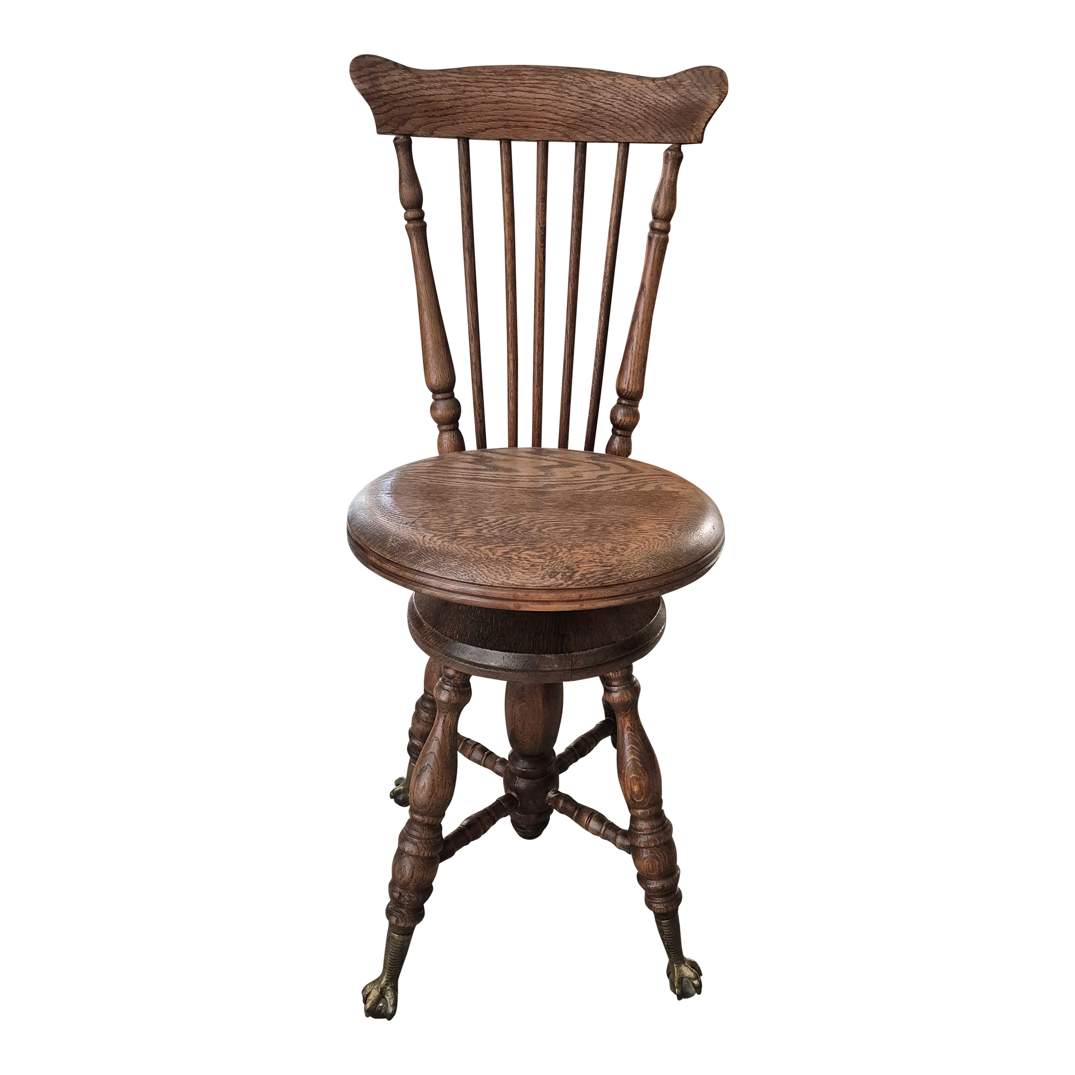 Antique Oak Piano Stool With Adjustable Height, Windsor-Style