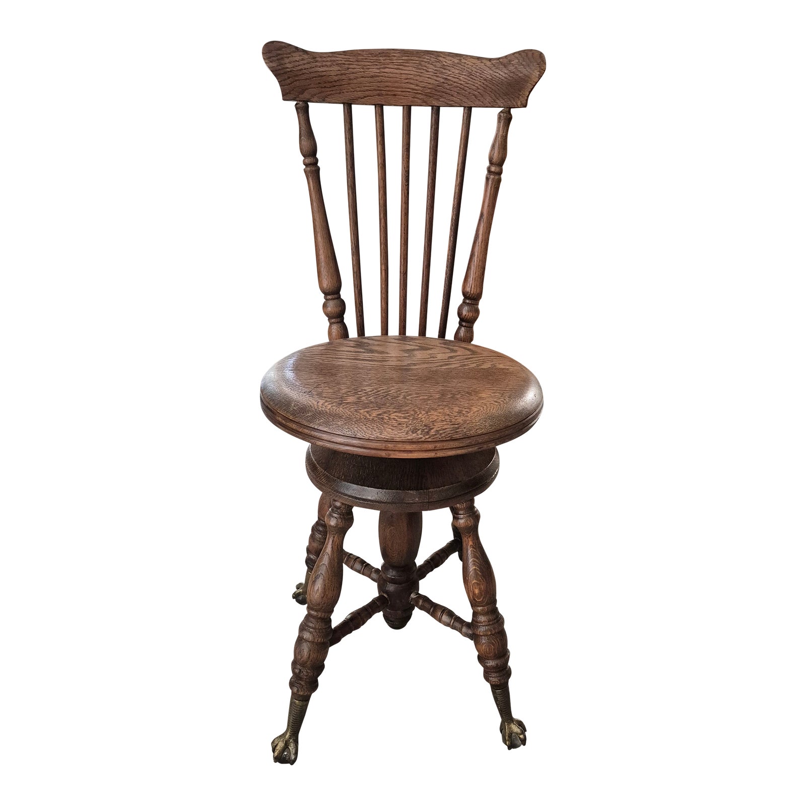 Antique Oak Piano Stool With Adjustable Height, Windsor-Style