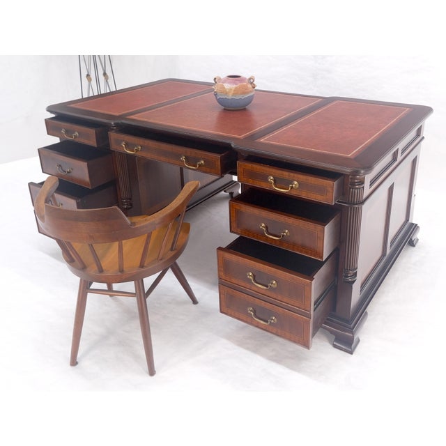 Late 20th Century Large Double Pedestal Embossed Leather Top Mahogany Partners Desk MINT For Sale - Image 5 of 14