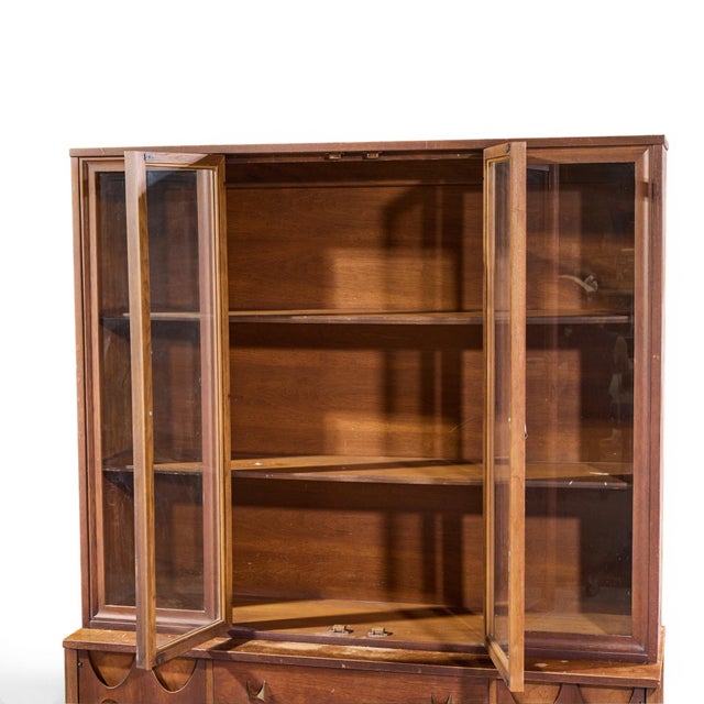 Wood Broyhill Brasilia Mid Century Walnut and Brass Credenza and Hutch For Sale - Image 7 of 11