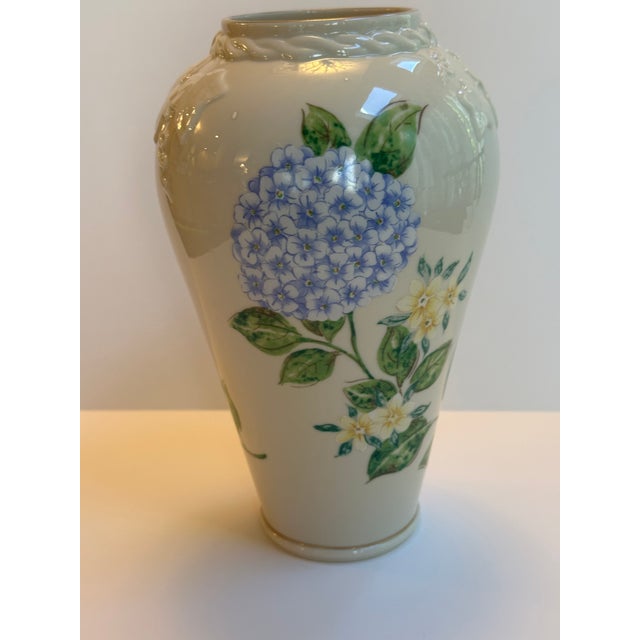 Lenox "Blue Hydrangeas" Collection Ceramic 10.5" Tall Ivory Vase Embossed Hand Painted Floral Design For Sale - Image 15 of 15