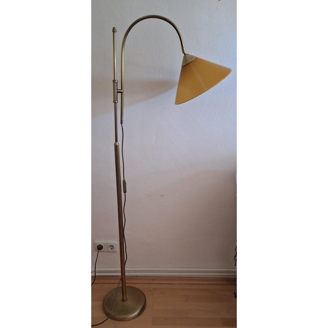 Vintage Adjustable German Floor Lamp with Brass Frame and Yellow Glass Shade, 1980s For Sale - Image 4 of 8
