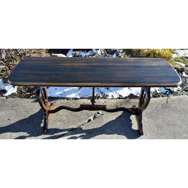 Brown Walnut Jacobean Style Console Sofa Table Vintage 1950s Trestle Base 60 For Sale - Image 8 of 13