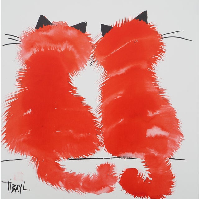 Laszlo Tibay, Couple de chats, Ink & Wash Drawing For Sale