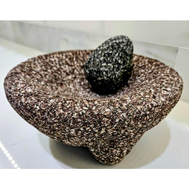 Vintage Mexican Basalt Molcajete Mortar and Pestle – Hand-Carved Volcanic Lava Stone Grinder, Three-Leg Bowl, Rustic Kitchen Decor For Sale - Image 4 of 8
