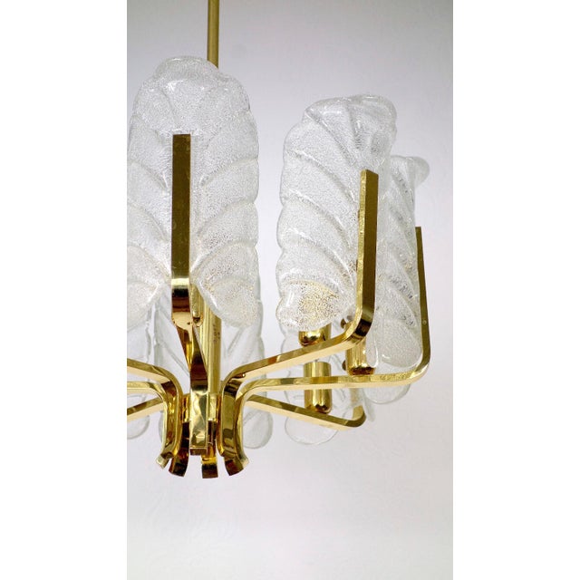 Mid-Century Modern Scandinavian Brass and Ice Glass 8-Light Chandelier by Carl Fagerlund for JSB, 1960s For Sale - Image 3 of 12
