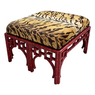 1970s Vintage Chinoiserie Red Ottoman With Tiger Fabric Upholstery For Sale
