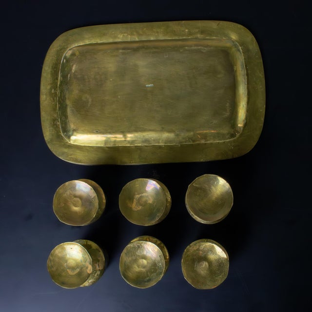 Mid-20th Century MCM 6 Cordial Stemmed Shots and Tray Set Abalone and Brass From Taxco Mexico For Sale - Image 10 of 18