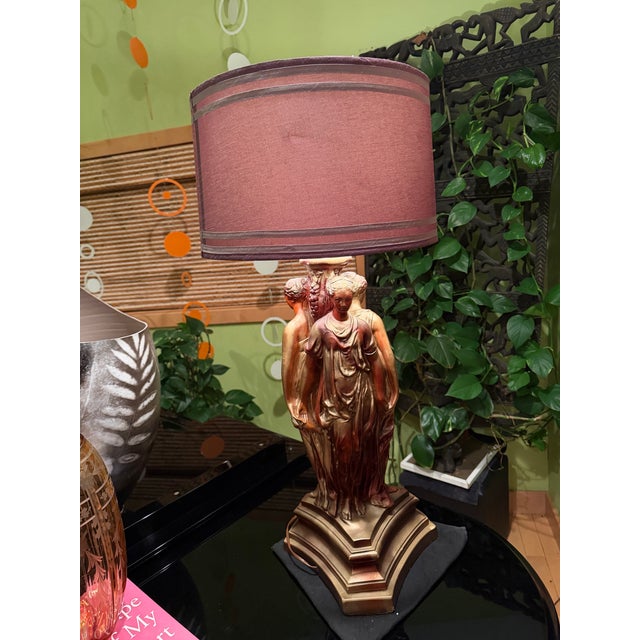 Mid-Century Modern 1950 Hollywood Regency Gold Bronze Tone "Three Graces" Heavy Lamp. Purple Silk Shade. Base 34”x12”. Shade 10”x16”. Style of Tony Duquette For Sale - Image 3 of 11