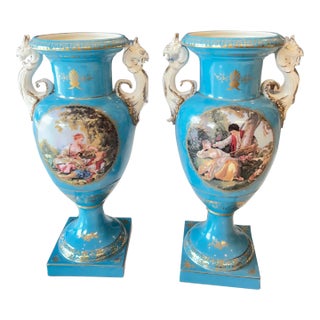 Antique Victorian Continental Porcelain Vases, Hand-Painted Pair, Circa 1890 For Sale