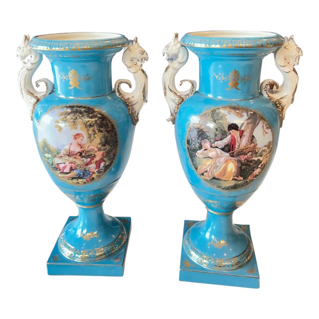 Antique Victorian Continental Porcelain Vases, Hand-Painted Pair, Circa 1890 For Sale