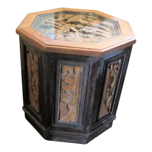 Vintage Octagonal Hand Carved Teak Wood Asian Table