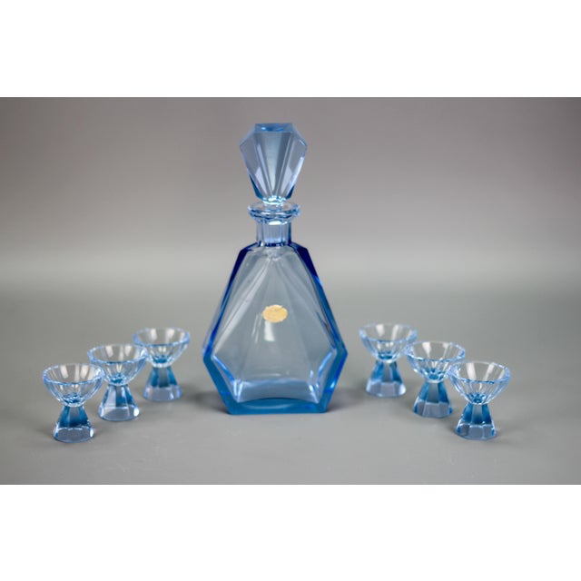 Art Deco Bohemian Blue Color Glass Decanter and Glasses, 1930s, Set of 7 For Sale - Image 3 of 18