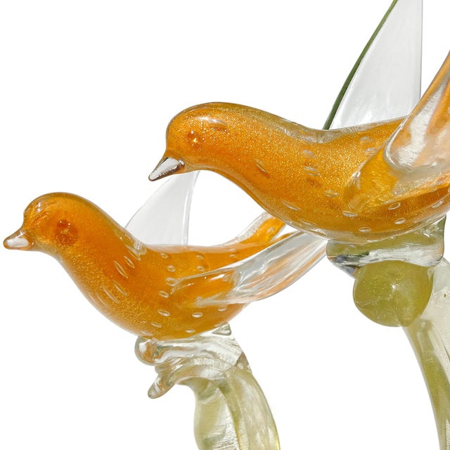 Murano Vintage Murano Orange Gold Flecks Bullicante Technique Italian Art Glass Birds Branch Sculpture For Sale - Image 4 of 8
