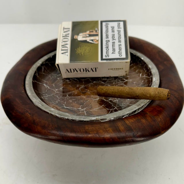 Vintage Spanish Cigar Ashtray in Wood and Crackle Glass For Sale In Philadelphia - Image 6 of 12